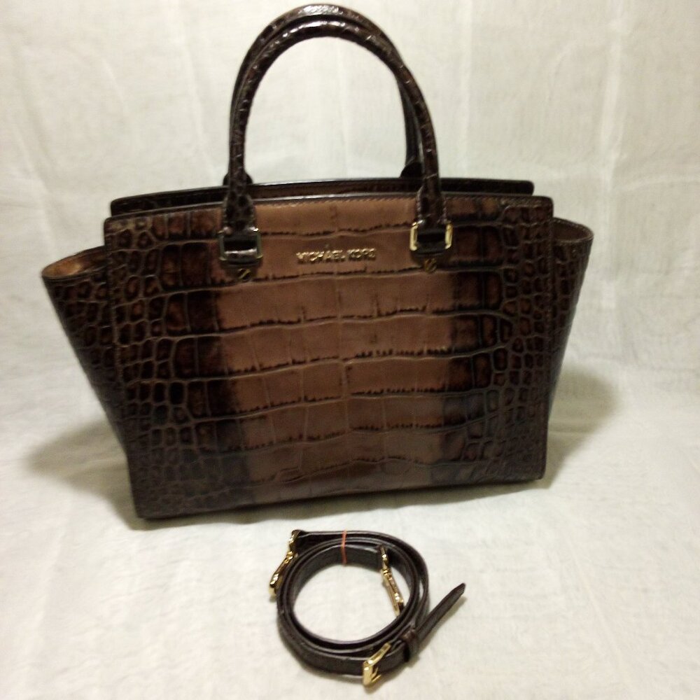 MICHAEL Michael Kors Selma Brown Crocodile Embossed Crossbody
